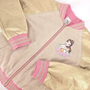 Disney Belle Gold Sleeve Bomber Jacket Girls 7/8 Floral Embroidery Princess Cute